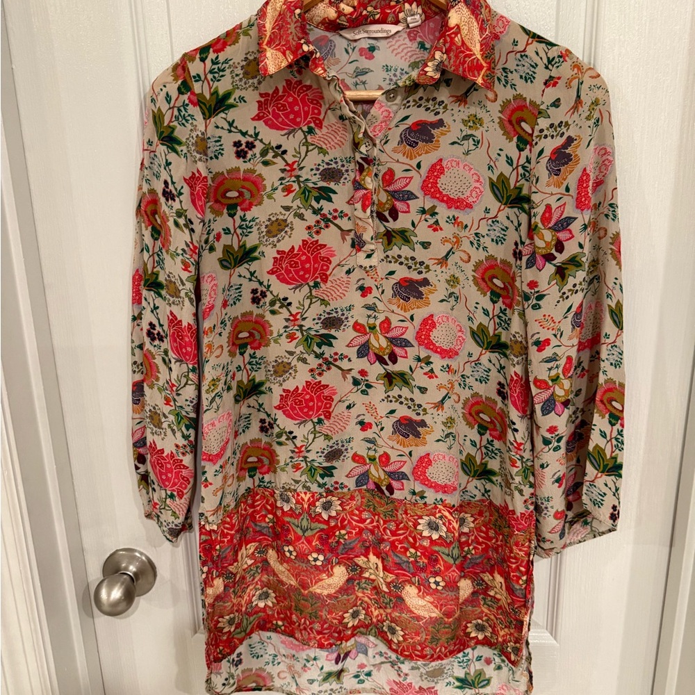 Soft Surroundings Red and Pink Floral Blouse